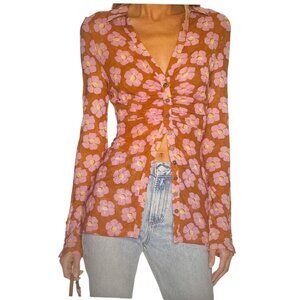 Free People Womens Lucky Shirtee Floral Long Sleeve Blouse Medium Rust/Purple